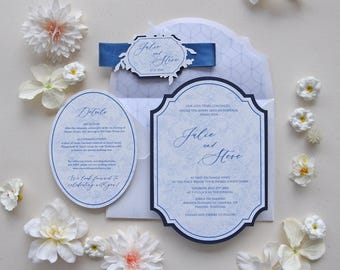 Arcada Wedding Invitation Suite, Romantic and Elegant Invitation Suite, Florals and Navy Blue Invitation, Architectural Minimalist Suite