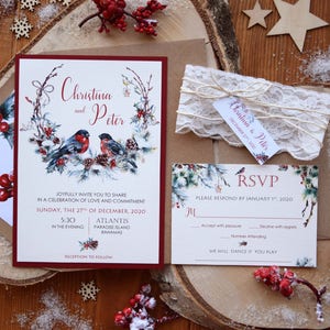 Christmas Invitations, Custom Winter Wedding Invitations, Unique Winter Wedding Invitations, Beautiful Rustic Lace Wedding Invitations