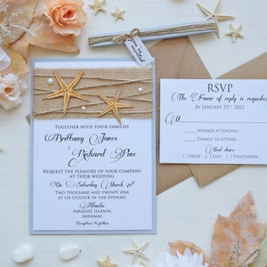 Invitations semi-personnalisées, carte d’invitation de mariage de plage, invitation de mariage de destination rustique, invitations de mariage uniques, invitations d’étoiles de mer