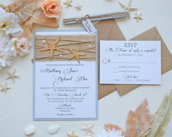 Semi-Custom Invitations, Beach Wedding Invitation Card, Rustic Destination Wedding Invitation, Unique Marriage Invitations, Starfish Invites