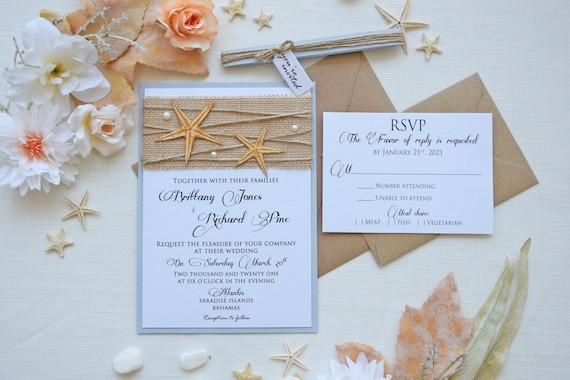 Semi-Custom Invitations, Beach Wedding Invitation Card, Rustic Destination Wedding Invitation, Unique Marriage Invitations, Starfish Invites