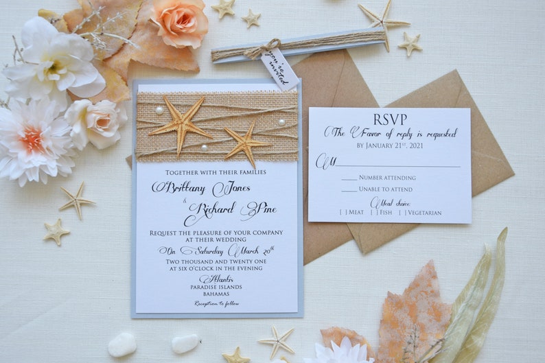 Semi-Custom Invitations, Beach Wedding Invitation Card, Rustic Destination Wedding Invitation, Unique Marriage Invitations, Starfish Invites image 1