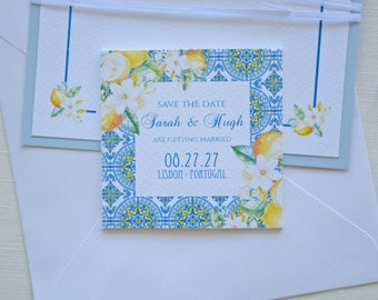 Blue Tile Magnet Save The Dates, Blue Tile and Lemon Wedding Save The Dates, Destination Wedding Tile Save the Dates, Magnet Save the Date