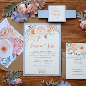 Einfache rustikale blaue Hochzeitseinladung, florale Ranunkeln-Hochzeitseinladung, blaue und rosa Hochzeitseinladung, Einladung zur Hochzeit