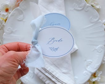 Château Lumière Place Card, Chiffon Edition, Oval name place cards, Place Cards w/ chiffon, Place Card Blue Modern and Minimalist for events