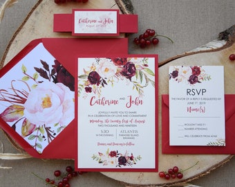 Autumn Shabby Chic Wedding Invitation, Beautiful Red Wedding Invitation Customized Calligraphy Wedding Invitation, Invitation Wedding SAMPLE