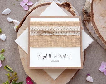 Umweltfreundliche Hochzeitseinladungen, Hochzeitseinladungen aus Jute und Spitze, rustikale Hochzeitseinladungen mit Spitze, Hochzeitseinladungen im Pocketfold-Stil