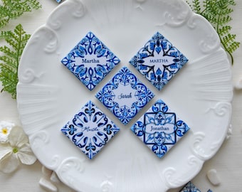 Set of 5 Portuguese Blue Tile Favor Magnets Personalized with the guest's name, Tile Place Card with a strong magnet, Place Card & Favor