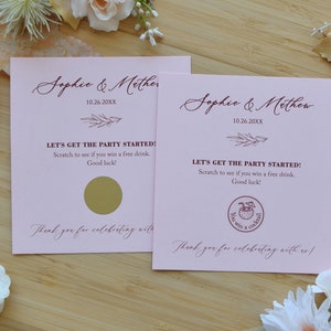 Carte à gratter semi-personnalisée pour le jour du mariage, carte à gratter de mariage entièrement personnalisée pour une boisson gratuite, carte à gratter personnalisée pour les mariages/événements