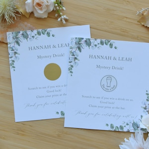Gratta e vinci semi-personalizzato per il giorno del matrimonio - Eucalipto, Gratta e vinci personalizzato per drink gratuito, Gratta e vinci personalizzato per matrimoni o eventi