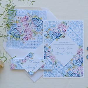Portugese blauwe tegel en hortensia huwelijksuitnodigingen, blauwe tegel huwelijksuitnodigingen, Azoren blauwe tegels en hortensia's huwelijksuitnodigingen