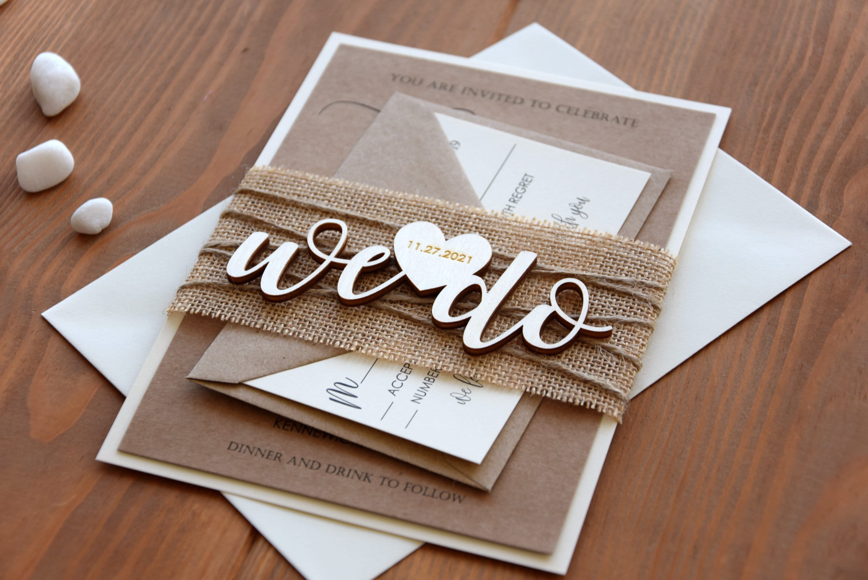 Rustic. Personalised Wedding Invitations Wooden Post-Card Style Vintage
