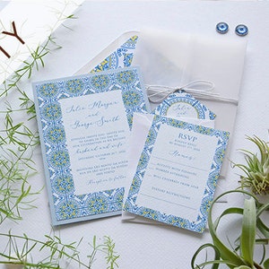 DIY Spanish Wedding Invitations, DIY Destination Wedding Invitation, Blue and Yellow Tile Wedding Invitation, Personalized DIY Invitation