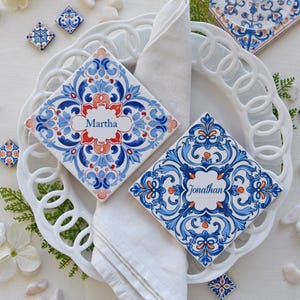 Set of 2 Portuguese Blue and Orange Tiles with Guest&#39;s Name, Braga Collection Portuguese Tile for Place Cards, Favor or as Coaster