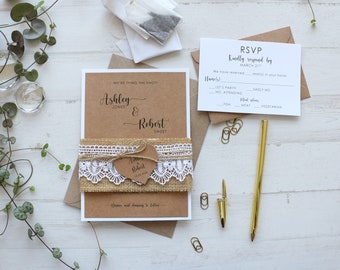 Hochzeitseinladungen aus Jute und Spitze, personalisierte Hochzeitseinladungen, romantische Hochzeitseinladungen, rustikale Hochzeitseinladungen aus Spitze