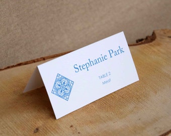 Tile Wedding Place Cards, Blue Folded Cards, Blue Tile Wedding Place Cards, Blue Tile Name Place Cards, Simple Blue Place Cards
