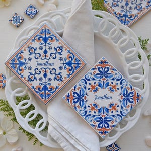 Set of 2 Portuguese Blue and Orange Tiles with Guest&#39;s Name, Braga Collection Portuguese Tile for Place Cards, Favor or as Coaster