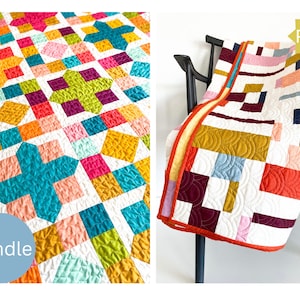 Puede incluir: Se muestran dos colchas coloridas. Una colcha presenta un patrón geométrico con colores brillantes como rosa, naranja, turquesa y verde. La otra colcha está doblada sobre una silla negra, mostrando un diseño de patchwork con bloques rojos, amarillos y blancos.