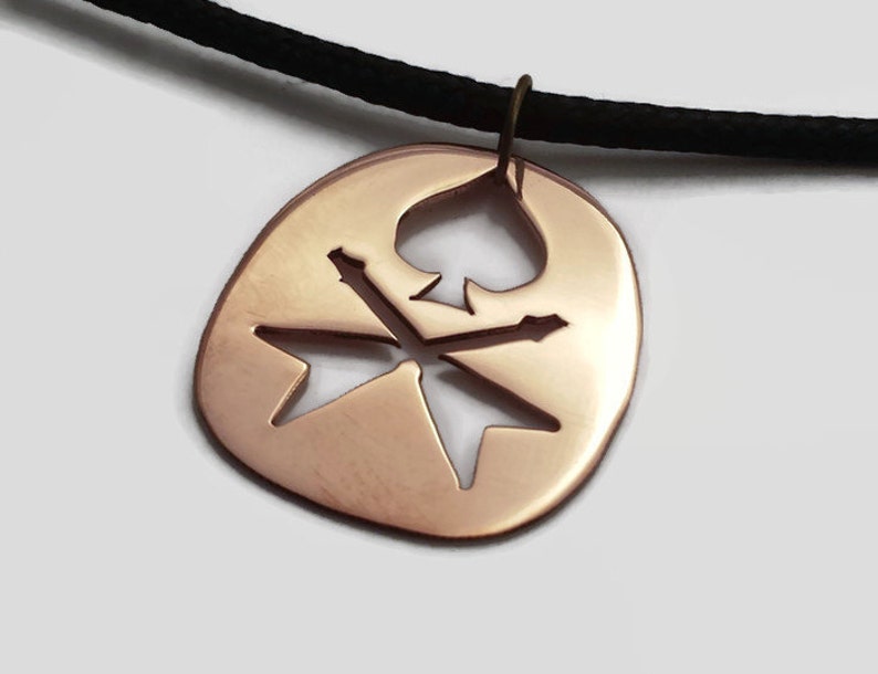 Ace of Spades /& Crossed Guitar Pendant Necklace Heavy Metal Jewelry on Black Cord in Brass Copper or Aluminium