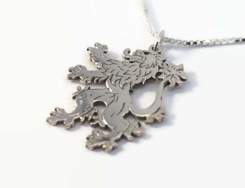 An engraved silver lion pendant on a delicate chain 925 Sterling Silver English Lion Necklace Heraldic Lion Rampant Jewellery