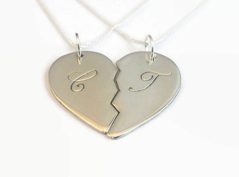 Couple necklace set in sterling silver Hand engraved /& personalised with initials names and dates Couples Split Heart Necklace Set