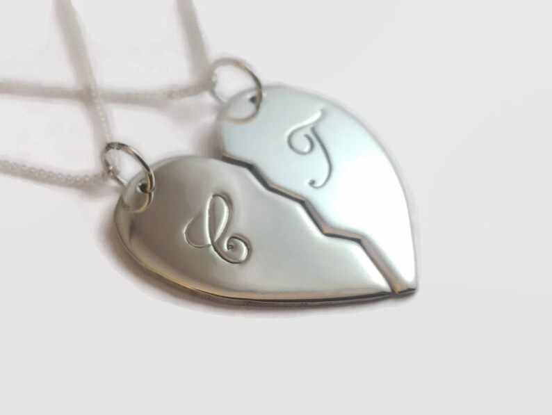 Couple necklace set in sterling silver Hand engraved /& personalised with initials names and dates Couples Split Heart Necklace Set