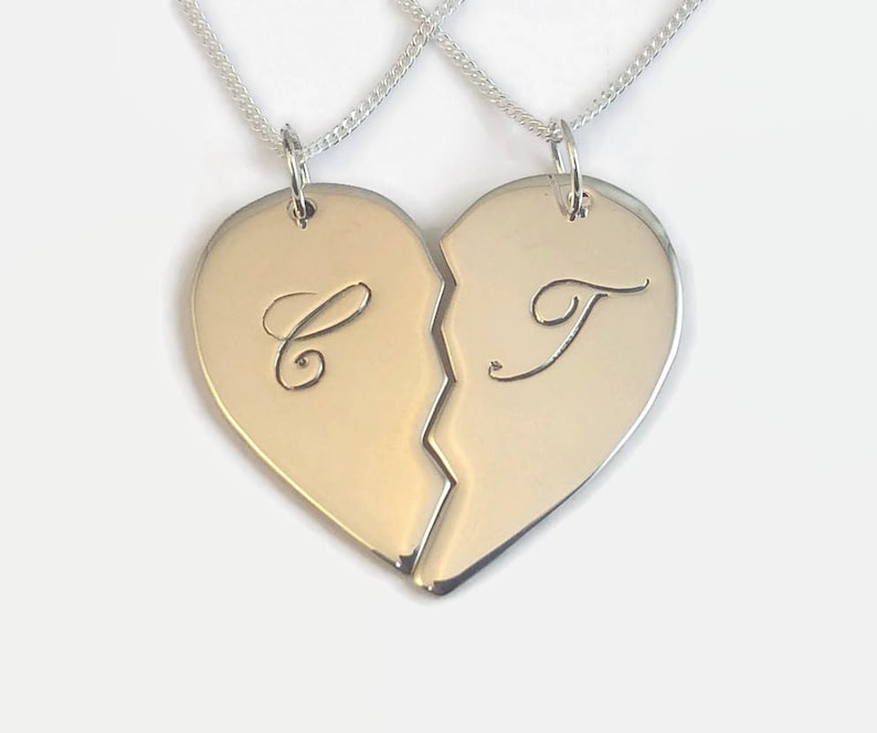 Couple necklace set in sterling silver Hand engraved /& personalised with initials names and dates Couples Split Heart Necklace Set