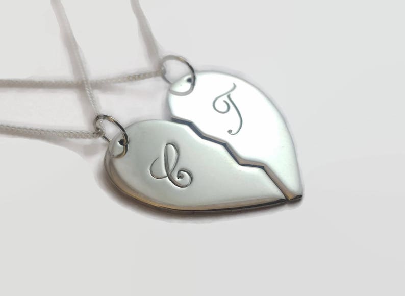 Couple necklace set in sterling silver Hand engraved /& personalised with initials names and dates Couples Split Heart Necklace Set