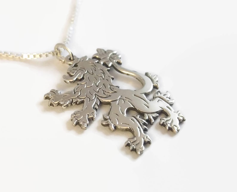 An engraved silver lion pendant on a delicate chain 925 Sterling Silver English Lion Necklace Heraldic Lion Rampant Jewellery