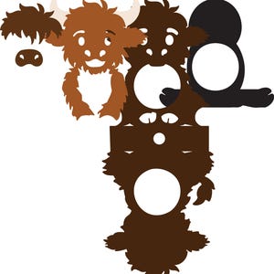 May include: A set of four brown and black animal silhouette cutouts. The cutouts are of a cow, a bear, a sheep, and a penguin. Each cutout has a circular hole in the center.