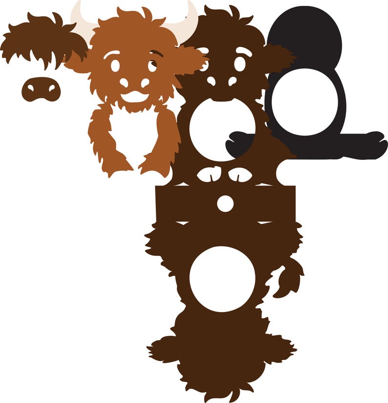 May include: A set of four brown and black animal silhouette cutouts. The cutouts are of a cow, a bear, a sheep, and a penguin. Each cutout has a circular hole in the center.