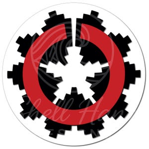May include: A black and red circular design with a red ring around the centre. The ring is broken in one spot, creating a gap. The centre of the design is a black starburst shape.