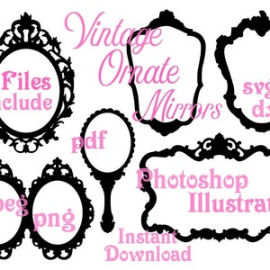 Vintage verzierte Spiegel Rahmen Silhouetten digitaler Download Svg, Dxf, ai, psd, Png, pdf, JPEG Dateiformate, hohe Auflösung,