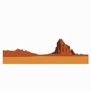 May include: A digital illustration of a desert landscape with a large, red rock formation in the center.