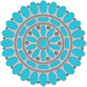 May include: A circular design with a gray background and blue oval shapes. The design has a repeating pattern of concentric circles with different sized ovals.