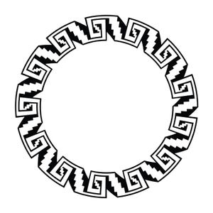 May include: Black and white circular frame with a geometric pattern. The frame is made up of repeating squares and spirals.