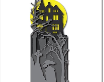 Carte de cimetière de la maison hantée d'Halloween, fichier de coupe SVG à trois volets