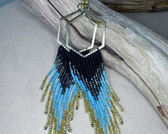 Longues boucles d'oreilles bohèmes, boucles d'oreilles géométriques bohèmes, boucles d'oreilles tendance bohèmes, tissées à la main
