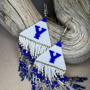 BYU Triangle Brick Beaded Earrings with Fringe, Brigham Young University, BYU Cougars