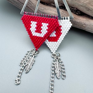 Officially Licensed University of Utah Handwoven Bead Earrings, Brick Beaded Earrings, Red and White, Feather or Football Charm