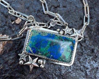 Hand made in USA: Azurite & Malachite [Choker] Pendant Necklace, in .925 Sterling Silver.