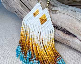 Boho Beaded Earrings, Boho Beaded Earrings with Fringe, Triangle Beaded, Desert Twilight Horizon, Handwoven