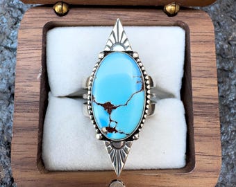 Made in USA: High Grade Golden Hills Turquoise in .925 Sterling Silver Ring (US Size 7.5)