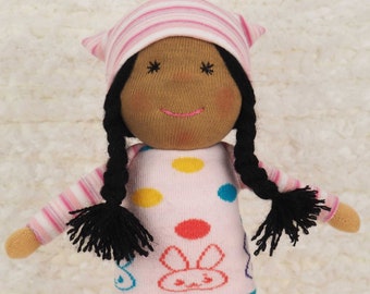 Little rag doll in bunny patterned outfit, Easter gift for girls, Easter basket stuffer for kids, Plastic free natural toys, Waldorf doll