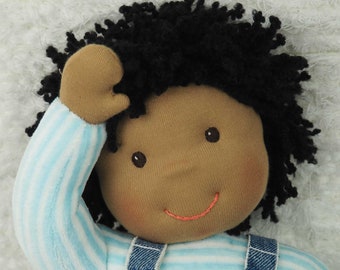 Black rag doll with curly hair for afro boy, 17.5"/45 cm tall Cuddle buddy for mixed kids over 3