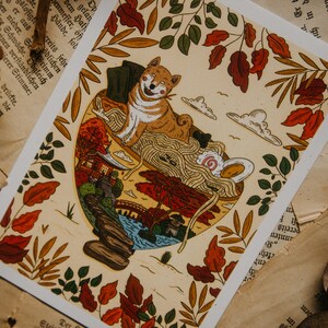 Könnte beinhalten: Eine skurrile Illustration eines Shiba Inu Hundes, der in einer Schüssel mit Ramen-Nudeln sitzt. Die Schüssel ist von Herbstblättern und einer japanischen Gartenszene umgeben. Die Illustration ist im Cartoon-Stil mit leuchtenden Farben und kräftigen Linien gehalten.
