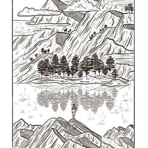 Puede incluir: Un dibujo en blanco y negro de un paisaje monta&ntilde;oso con una persona de pie en una cima que domina un lago. Las monta&ntilde;as se reflejan en el agua. El texto "Die Sprache der Berge ist Regen." est&aacute; en la parte inferior de la imagen.