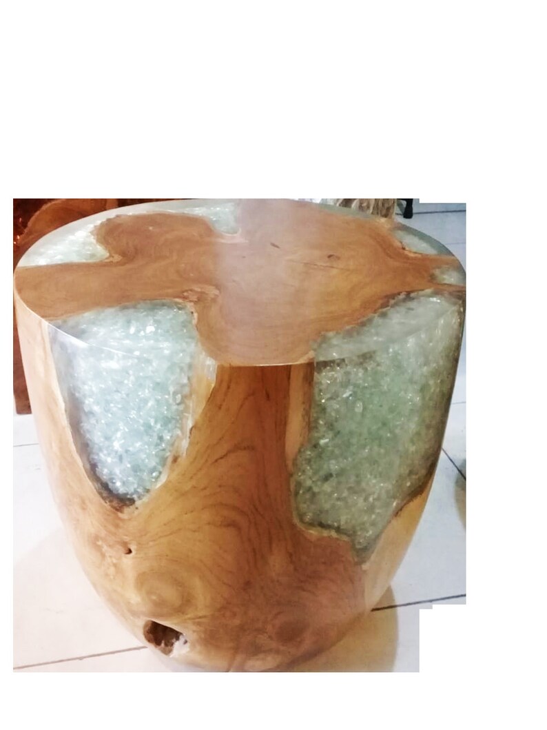 Teak Root & Cracked Resin Round Stool Silver Grey Etsy UK