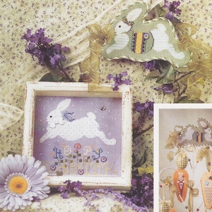 May include: A white bunny cross stitch pattern with the text "Happy Easter" in a white frame on a floral background.