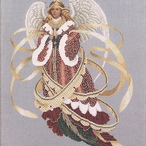 May include: Cross-stitch depiction of an angel with blonde hair, white feathered wings, and a halo. The angel wears a red and white robe with gold trim and is surrounded by gold ribbons. The background is a light gray color.